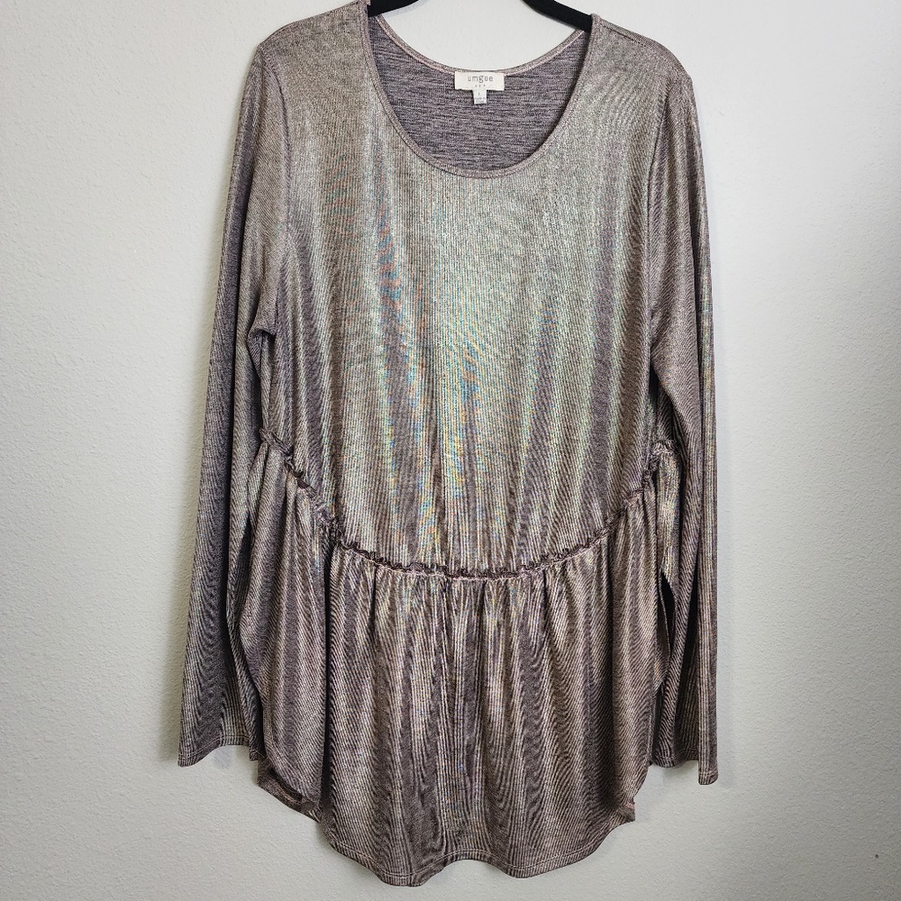 Umgee Purple/Gold Shimmer Iridescent Long Sleeve Babydoll Peplum Top Size L